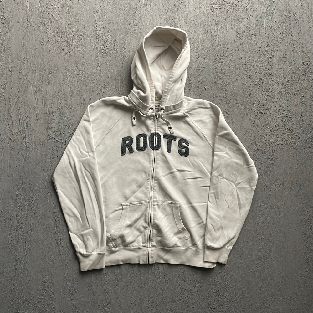 Vintage Roots Athletics Full Zip Hoodie Unisex Large White Y2K Roots